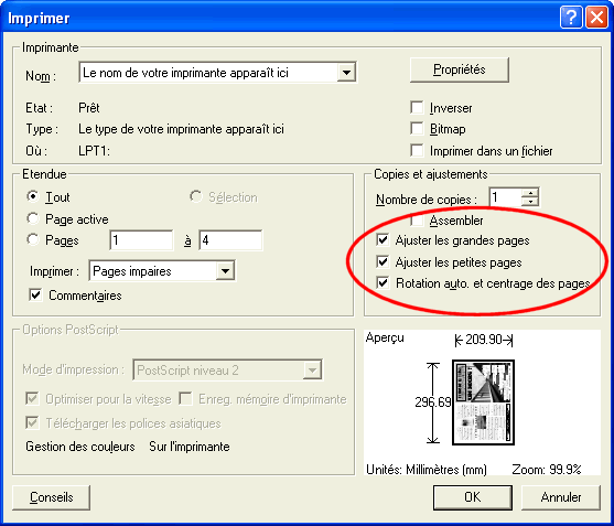 Boîte de dialogue « Imprimer » sous Adobe Acrobat Reader.